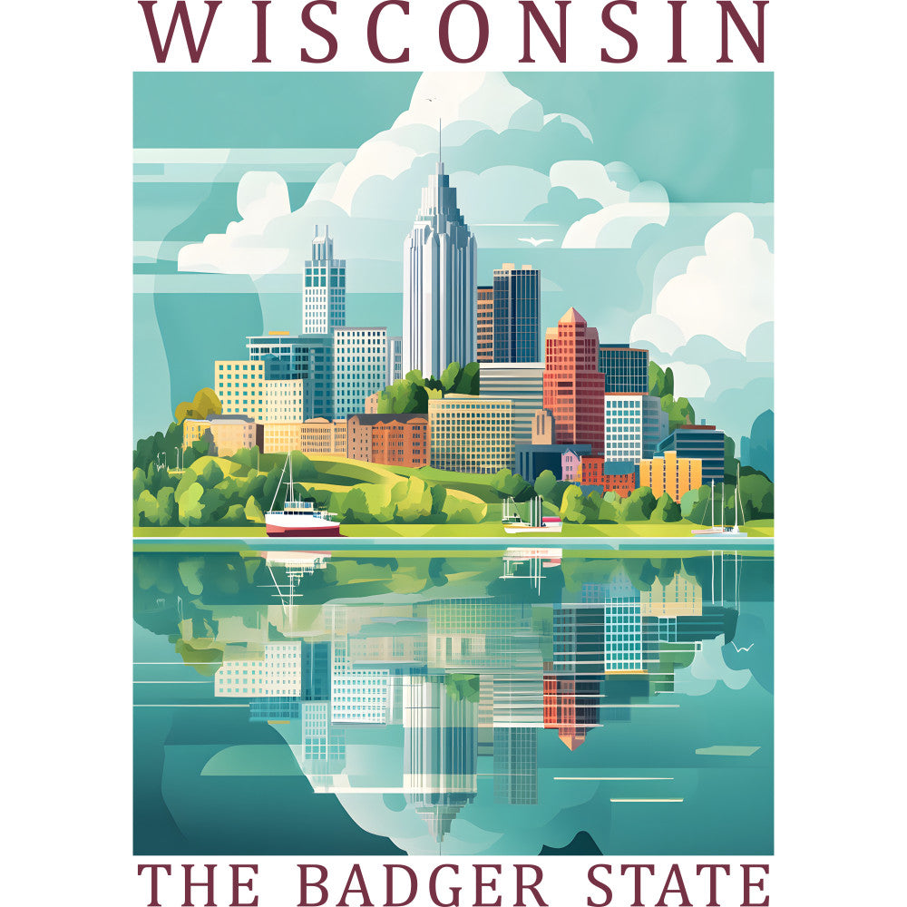 wisconsin, badger state, city skyline, lake reflection, sailboat, turquoise blue, teal green, coral orange, cream white, fabric panel, quilting cotton, travel poster, vintage style, urban landscape, water scene, geometric buildings, puffy clouds, scenic illustration, state pride, cotton fabric