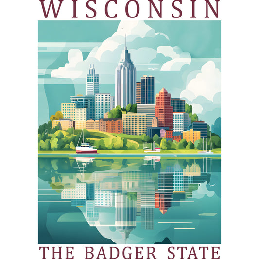 wisconsin, badger state, city skyline, lake reflection, sailboat, turquoise blue, teal green, coral orange, cream white, fabric panel, quilting cotton, travel poster, vintage style, urban landscape, water scene, geometric buildings, puffy clouds, scenic illustration, state pride, cotton fabric