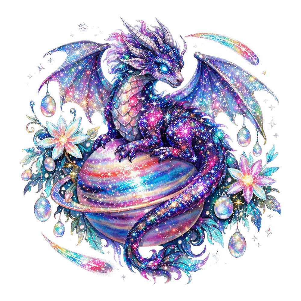 cosmic dragon, galaxy print, celestial theme, iridescent purple, magenta pink, turquoise blue, nebula effect, starry night, whimsical fantasy, mystical creature, dragon design, sparkly glitter, holographic effect, fantasy art, magical theme, jewel tones, opal gemstones, flowing ribbons, ornamental flowers, ethereal style, dreamlike pattern, cosmic colors, enchanted forest, celestial dragon, shimmering metallic, fantasy fabric, magical creatures, wall hanging, decorative panel