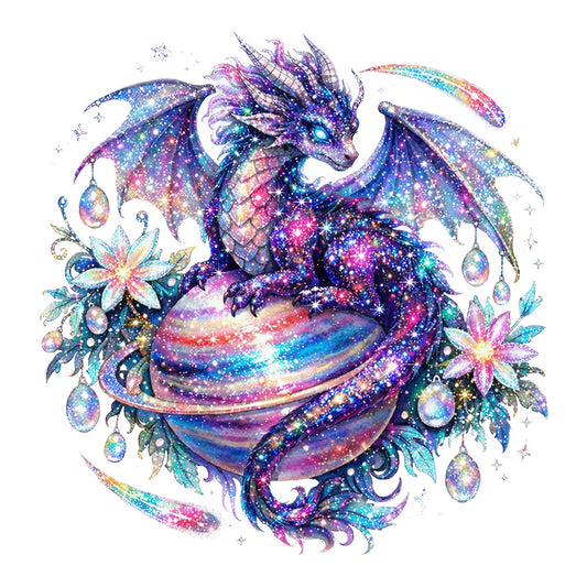 cosmic dragon, galaxy print, celestial theme, iridescent purple, magenta pink, turquoise blue, nebula effect, starry night, whimsical fantasy, mystical creature, dragon design, sparkly glitter, holographic effect, fantasy art, magical theme, jewel tones, opal gemstones, flowing ribbons, ornamental flowers, ethereal style, dreamlike pattern, cosmic colors, enchanted forest, celestial dragon, shimmering metallic, fantasy fabric, magical creatures, wall hanging, decorative panel