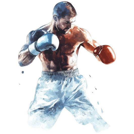 boxer, boxing, sports, athletic, muscle, male figure, portrait, watercolor, blue, rust orange, copper, cream white, light blue, abstract, modern, contemporary, action pose, fighting stance, masculine, strength, fitness, gym, training, inspirational, motivational, sports enthusiast, athletic wear, boxer shorts, gloves, dynamic movement