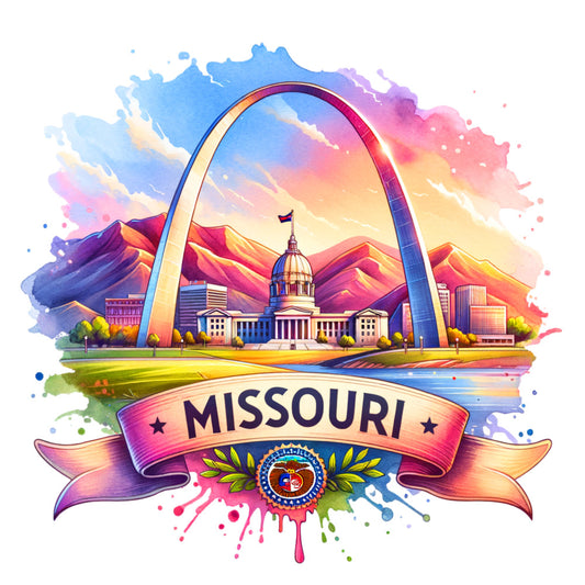 US States Retro Travel Fabric Panel 25 featuring colorful Missouri Gateway Arch and state capitol buildings design.