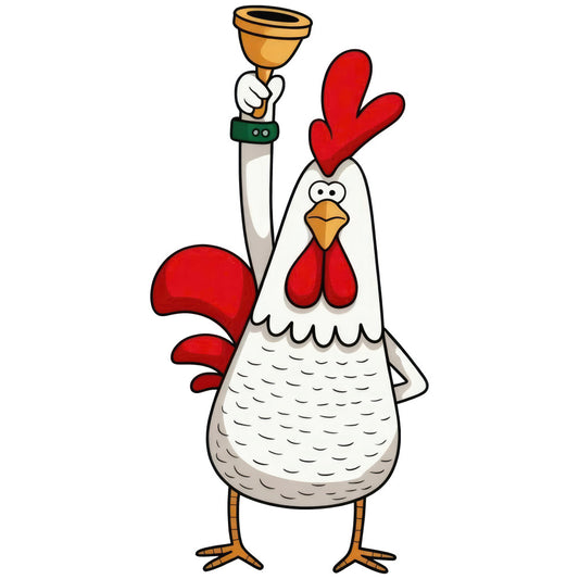 rooster, chicken, farmhouse, farm animals, red and white, cream white, golden yellow, orange beak, whimsical, country style, rustic, trophy, winner, bell, cute animals, folk art, traditional, vintage, spring, easter, kitchen decor, home décor, wall hanging, novelty print, animal motif, cheerful, bright colors, decorative panel, children's fabric, playful design