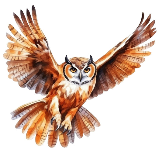 watercolor owl, flying owl, spread wings, orange feathers, brown plumage, amber eyes, fabric panel, quilting cotton, bird artwork, raptor design, earthy tones, rust colors, cream accents, wildlife motif, nature inspired, painterly style, soft brushstrokes, majestic bird, feather details, artistic rendering