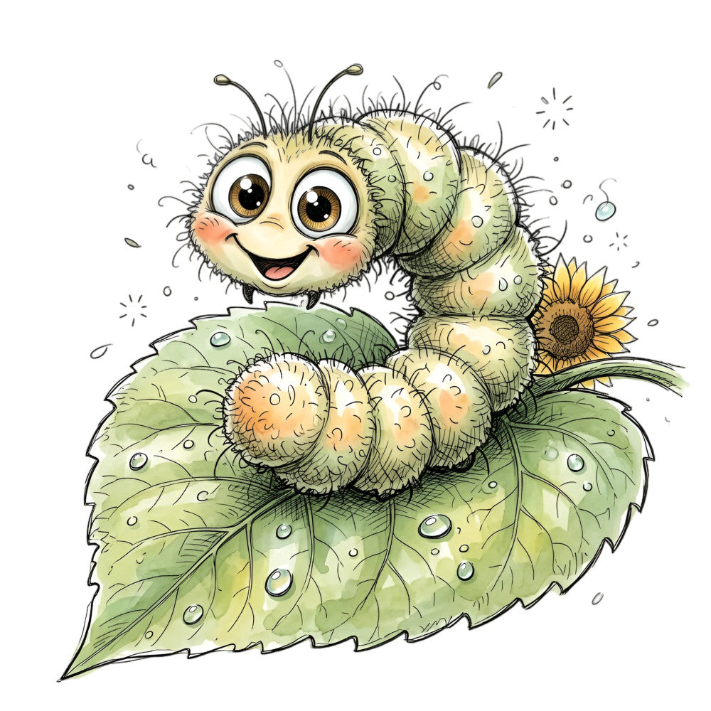 caterpillar, cute animals, whimsical, nature, garden, leaf, green, cream, yellow, gold, children's, kids, playful, insects, bugs, sunflower, spring, summer, illustration, storybook, animal characters, friendly, cheerful, bright, happy, organic, natural, woodland, textile art, nursery