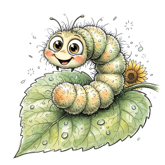 caterpillar, cute animals, whimsical, nature, garden, leaf, green, cream, yellow, gold, children's, kids, playful, insects, bugs, sunflower, spring, summer, illustration, storybook, animal characters, friendly, cheerful, bright, happy, organic, natural, woodland, textile art, nursery