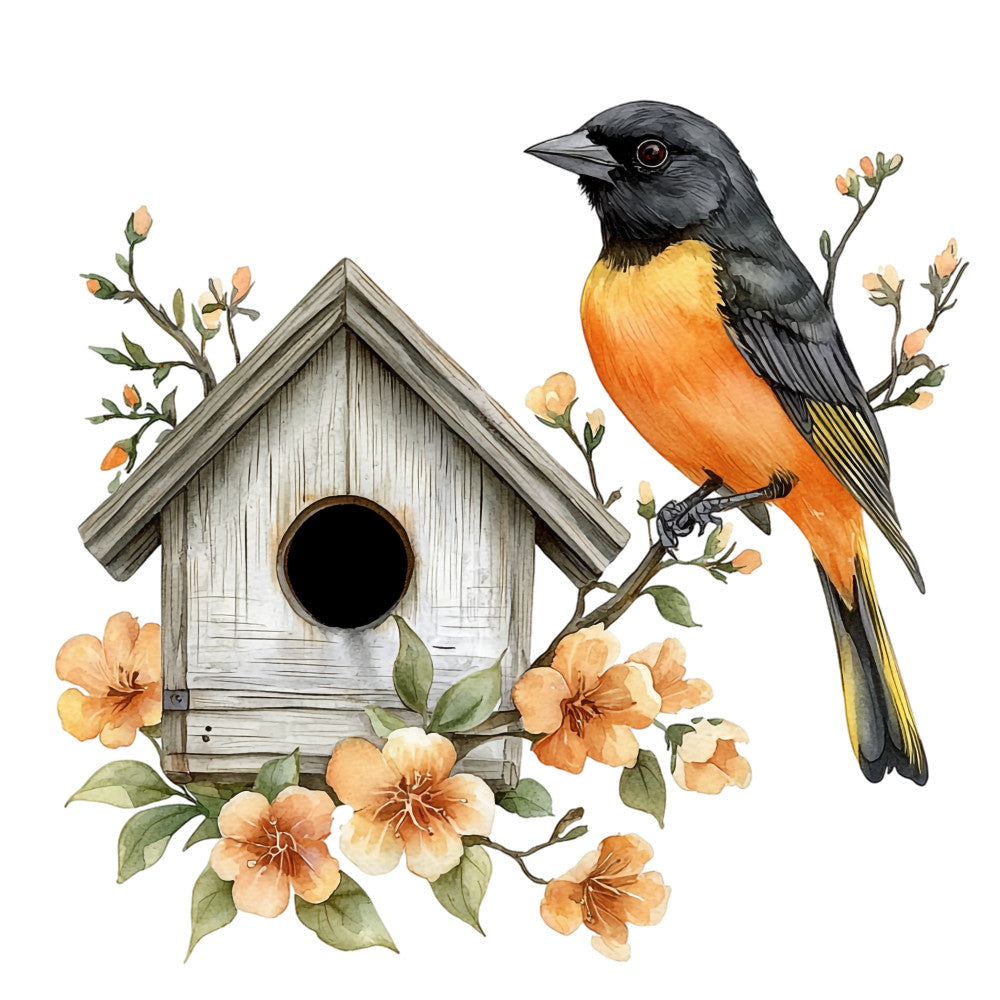 baltimore oriole, bird illustration, orange breast, black head, gray birdhouse, peach flowers, botanical elements, green leaves, watercolor style, nature scene, spring theme, fabric panel, quilting cotton, bird watching, garden motif, floral branches, wildlife art, soft pastels, decorative panel