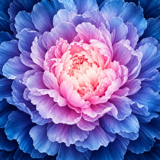 peony, floral, pink peony, coral pink, hot pink, magenta, lavender, purple, blue, royal blue, navy blue, light blue, ombre, gradient, multi-color, colorful, nature, botanical, spring, summer, elegant, romantic, feminine, modern, flower, layered petals, vibrant, artistic, garden, blossoms