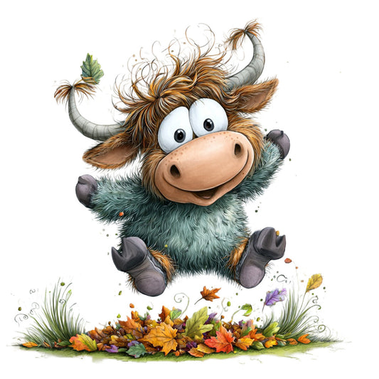 whimsical animals, highland cattle, highland cow, brown and teal, forest green, cream white, autumn leaves, fall colors, nature theme, farmhouse style, rustic charm, children's design, playful characters, jumping cow, botanical elements, grass and flowers, autumn florals, purple flowers, yellow leaves, orange leaves, folk art style, country theme, cheerful design, cute animals, adorable character, storybook illustration, children's fabric, nursery decor, wall hanging, baby quilt