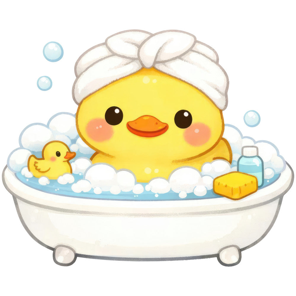 bath time, bathtub, bubble bath, bubbles, cheerful, cute, ducky, duckling, yellow, light blue, sky blue, white, cream, bath accessories, soap, sponge, towel wrap, whimsical, playful, children, kids, baby, nursery, bathroom, hygiene, self-care, spring, summer, animal themed, adorable