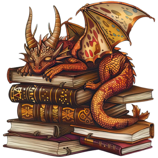 Dragon Sleeping on Books Fabric Panel 8 features a detailed orange dragon resting on an antique stack of books printed on premium quilting cotton.