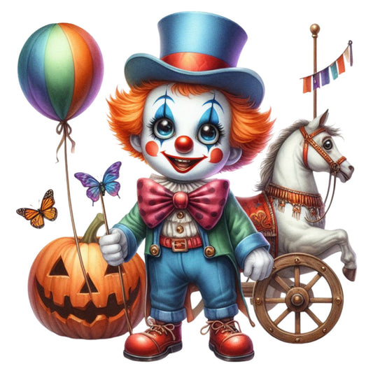circus clown, colorful, orange, blue, red, green, purple, rainbow, whimsical, vintage, festive, pumpkin, jack-o-lantern, halloween, autumn, pony, horse, balloon, butterflies, top hat, bow tie, carnival, nostalgic, children's, playful, decorative panel, wall hanging, novelty print