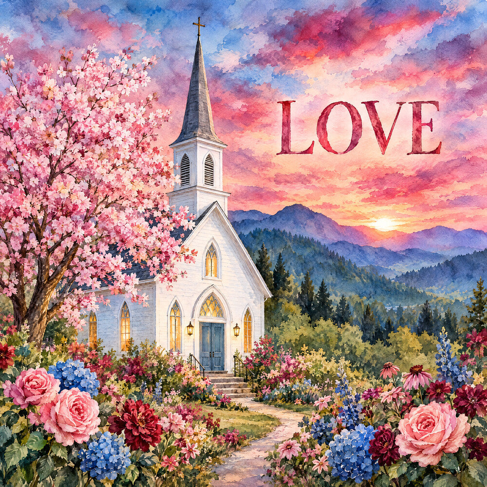 romantic church, spring flowers, blossoming tree, cherry blossom, mountain landscape, sunset sky, pink roses, blue hydrangeas, garden flowers, spiritual, faith, religious, inspirational, love quote, watercolor style, cottage core, whimsical, romantic, elegant, pastoral, nature themed, floral garden, rose pink, dusty blue, coral pink, wine red, golden hour, peaceful, serene, spring theme