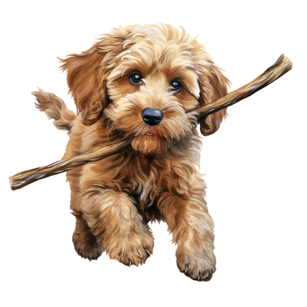 golden brown, cream, tan, apricot, chocolate brown, puppy, dog, doodle, goldendoodle, labradoodle, cute dog, playful, whimsical, children's, kids, animal motif, stick, branch, nature, playful pup, friendly dog, smiling dog, charming, adorable, sweet, children's fabric, baby quilt, nursery, gender neutral, pet lover