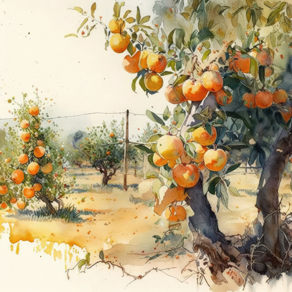 orange orchard, citrus fruit, watercolor, botanical, rustic farmland, vintage landscape, autumn harvest, warm earth tones, golden yellow, burnt orange, sage green, terracotta, orchard scene, fruit trees, countryside, agricultural, impressionist style, nature inspired, seasonal harvest, fall colors, mediterranean, pastoral landscape, detailed foliage, artistic rendering, traditional style, fruit garden, landscape art, heirloom quality