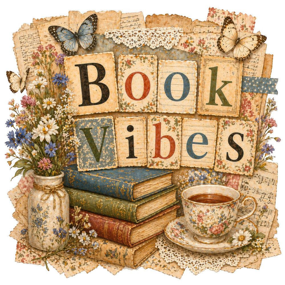 book vibes, vintage, antique, literary, floral, butterflies, dried flowers, tea cup, stacked books, lace, cream, tan, beige, dusty blue, rust red, sage green, cottage core, romantic, nostalgic, victorian, botanical, nature, autumn, spring, elegant, whimsical, retro, shabby chic, wall hanging, decorative panel