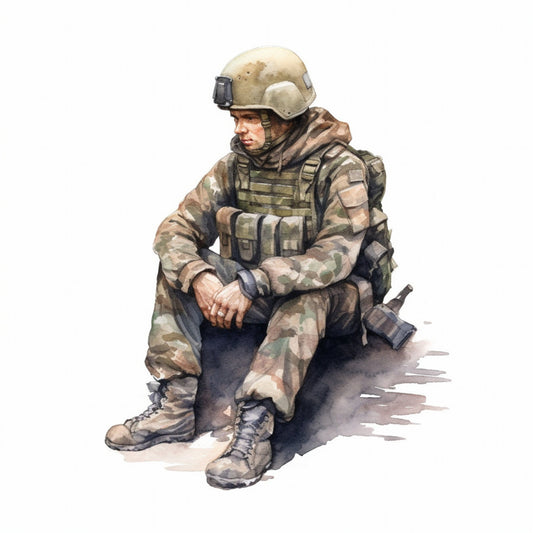 military, soldier, combat, camouflage, tan, khaki, olive green, brown, grey, desert camo, tactical gear, uniform, armed forces, patriotic, americana, realistic, illustration, watercolor, portrait, figure study, modern, contemporary, men's themes, action, courage, strength, heroic, veteran tribute