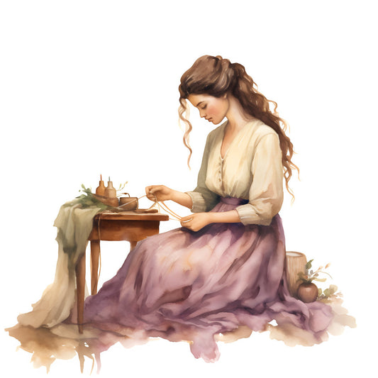 dusty rose, mauve, cream, beige, tan, brown, soft pink, muted purple, vintage, elegant, romantic, whimsical, woman portrait, figure illustration, needle and thread, sewing, embroidery, crafting, cottage core, farmhouse, botanical, herbs, traditional, timeless, feminine, storybook, literary, classic, nostalgic, spring