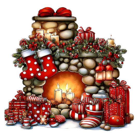 christmas, holiday, fireplace, stockings, red, cream, beige, tan, gold, candles, gifts, presents, bows, ribbons, festive, winter, cozy, traditional, whimsical, decorative, hearth, polka dot, candy cane striped, evergreen, berries, lanterns, rustic, seasonal, joy, celebration