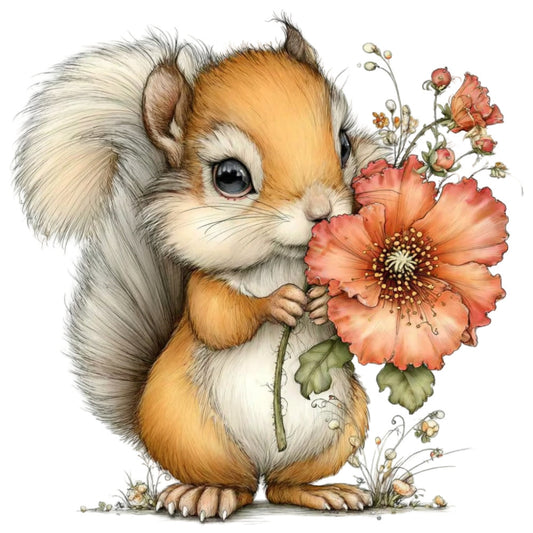 cute squirrel, woodland animals, forest creatures, fluffy tail, coral pink flowers, peach flowers, orange blossoms, wildflowers, botanical, nature illustration, whimsical, children's fabric, baby animals, adorable design, spring, summer, soft colors, cream, tan, rust orange, charming, storybook style, nursery decor, baby quilt, wall hanging, animal lover, nature lover, illustrative, sweet, gentle