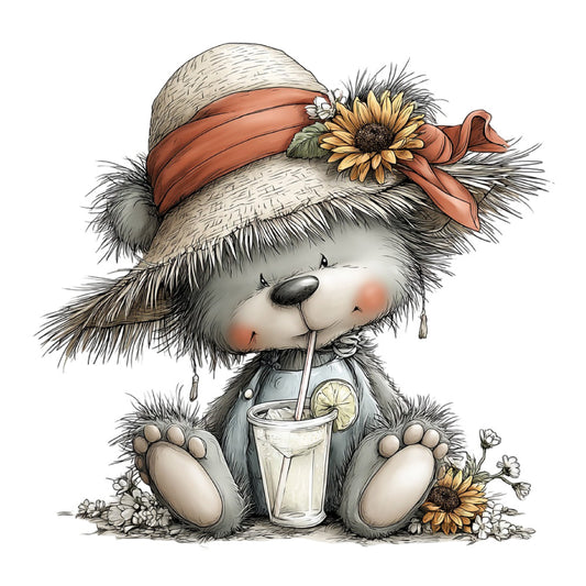 cute animal, teddy bear, straw hat, sunflower, whimsical, children's, baby, cream, tan, rust orange, terracotta, black, white, floral, nature, summer, spring, friendly, adorable, illustration style, decorative, wall hanging, nursery, kids quilt, daisy flowers, beverage motif, lemonade, linen texture, pastoral, sweet