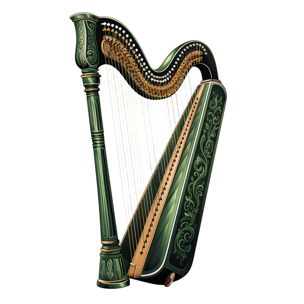 forest green, gold, black, ornate, musical instruments, harp, celtic, vintage, traditional, elegant, decorative, flourishes, scrollwork, botanical details, irish, classical, antique, whimsical, detailed illustration, fantasy, fairy tale, music themed, baroque, ornamental design, green and gold, hand painted style, intricate patterns, heritage, artisan