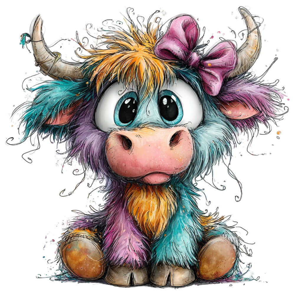 whimsical, colorful highland cow, turquoise, purple, orange, gold, pink, cute animals, nursery, children's, playful, modern, artistic, bow, horns, big eyes, fantasy, magical, soft colors, pastel, vibrant, baby quilt, wall art, decorative, kawaii style, illustrative, mixed media, bohemian, quirky, farmyard animals