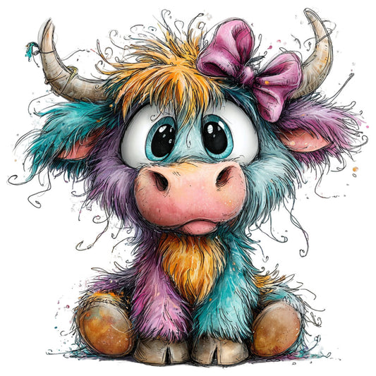 whimsical, colorful highland cow, turquoise, purple, orange, gold, pink, cute animals, nursery, children's, playful, modern, artistic, bow, horns, big eyes, fantasy, magical, soft colors, pastel, vibrant, baby quilt, wall art, decorative, kawaii style, illustrative, mixed media, bohemian, quirky, farmyard animals