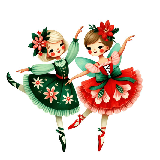 forest green, coral red, cream, ballet pink, vintage, whimsical, floral, dancing girls, ballerina, tutu, fairy tale, storybook, retro, mid-century, illustration, botanical, flowers, poinsettia, daisy, cheerful, playful, children, girls, spring, Christmas, festive, elegant, charming, decorative, dress up