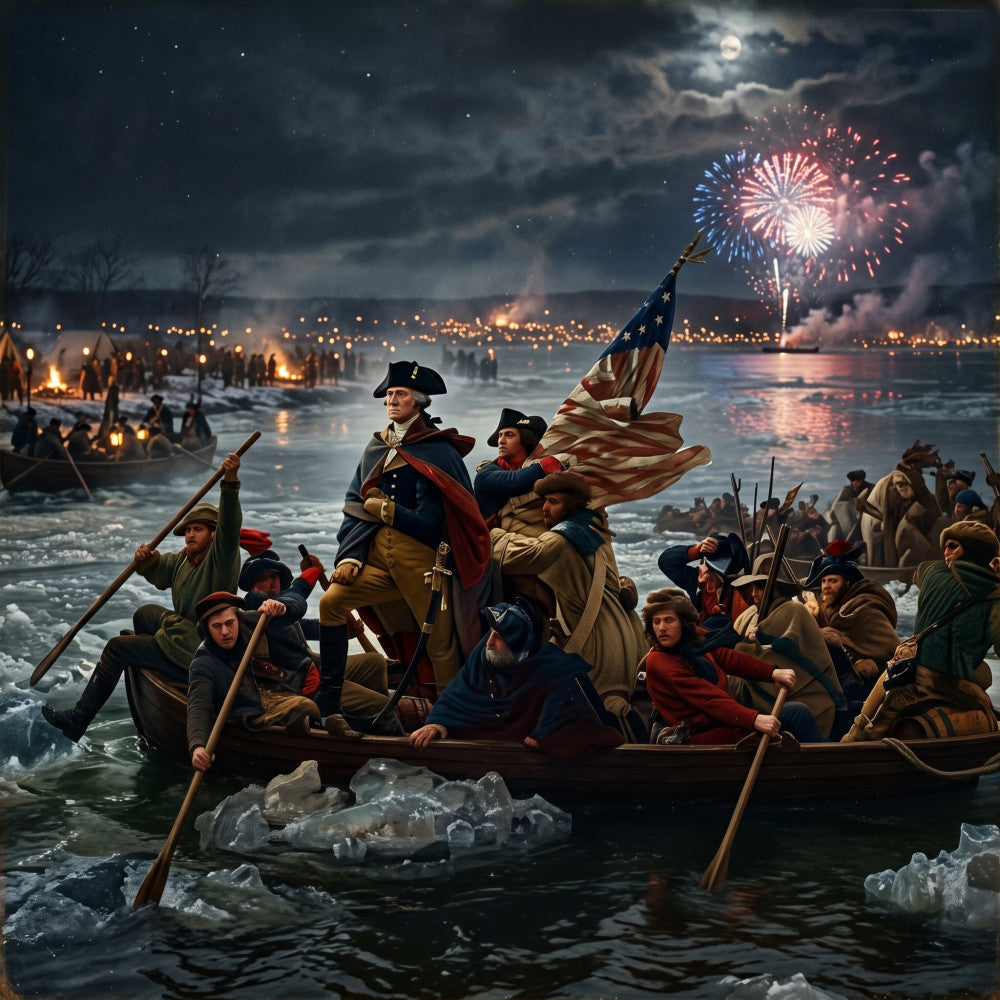 revolutionary war, american history, patriotic, founding fathers, crossing the delaware, military uniforms, colonial, americana, navy blue, gold, red, cream, moonlit, night sky, fireworks, celebration, independence day, fourth of july, historical, vintage americana, traditional, nostalgic, patriot, soldiers, flags, stars and stripes, heroic, dramatic, wall hanging, home decor