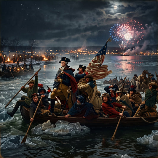 revolutionary war, american history, patriotic, founding fathers, crossing the delaware, military uniforms, colonial, americana, navy blue, gold, red, cream, moonlit, night sky, fireworks, celebration, independence day, fourth of july, historical, vintage americana, traditional, nostalgic, patriot, soldiers, flags, stars and stripes, heroic, dramatic, wall hanging, home decor