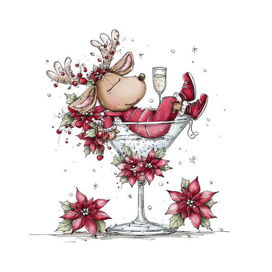 whimsical reindeer, christmas cocktail, martini glass, champagne flute, red striped socks, antlers with berries, poinsettia flowers, holiday florals, festive illustration, cartoon style, burgundy red, forest green, cream white, fabric panel, quilting cotton, christmas themed, holiday crafting, playful design, winter florals, festive reindeer