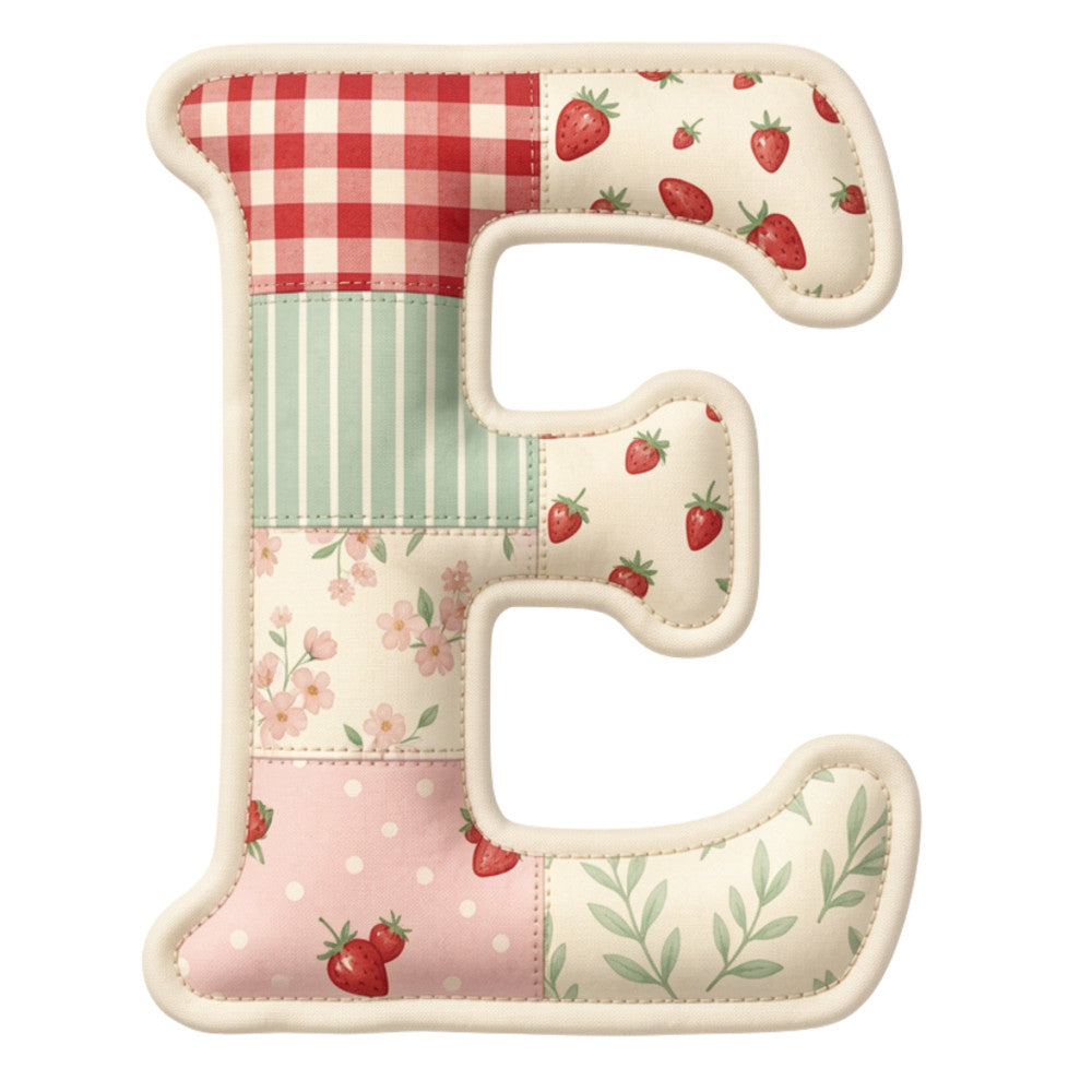 strawberry, red gingham, pale pink, sage green, cream, floral, striped, plaid, vintage, farmhouse, botanical, spring, summer, berries, leaves, flowers, patchwork, cottage core, quilt letter, alphabet panel, traditional, country, rustic, nature-inspired, fruit print, pastel colors, classic, charming, sweet