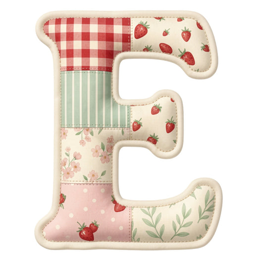 strawberry, red gingham, pale pink, sage green, cream, floral, striped, plaid, vintage, farmhouse, botanical, spring, summer, berries, leaves, flowers, patchwork, cottage core, quilt letter, alphabet panel, traditional, country, rustic, nature-inspired, fruit print, pastel colors, classic, charming, sweet