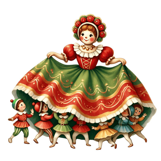 red, green, gold, cream, vintage, whimsical, retro, fairy tale, storybook, children, girls, dancing, festive, holiday, christmas, traditional, elegant, decorative, apple red, forest green, cream white, folk art, classic, nostalgic, character panel, nursery, child's quilt, portrait panel, cheerful, festive children