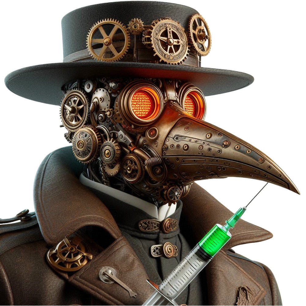 steampunk, brass gears, mechanical, vintage industrial, goggles, top hat, leather, bronze, copper, burnt orange, dark teal, jewel tones, gears and cogs, clockwork, retro futuristic, sci-fi, fantasy, whimsical, gothic, alternative fashion, antique, Victorian, character illustration, syringe, plague doctor, curious, eccentric, dark academia, one-of-a-kind, statement piece