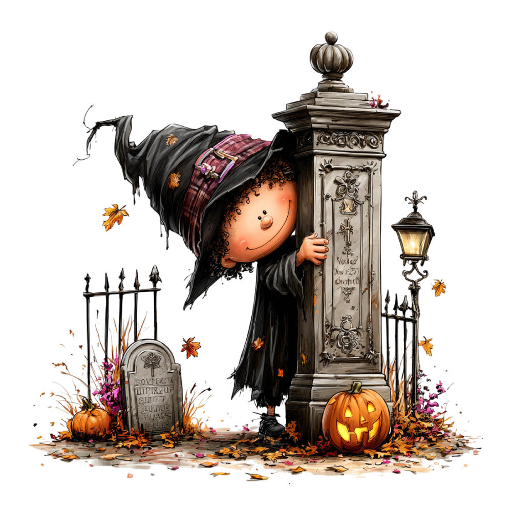 halloween, witch, autumn, fall, pumpkin, jack-o-lantern, graveyard, tombstone, gothic, spooky, scary, creepy, black, orange, purple, dark orange, charcoal gray, bronze, whimsical, cute, playful, vintage, elegant, seasonal, holiday, decorative, lantern, fence, leaves, falling leaves