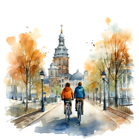 autumn, fall, watercolor, church, cathedral, architectural, cityscape, urban landscape, bicycles, cyclists, couple, orange, blue, cream, gold, burnt orange, slate blue, trees, foliage, street scene, romantic, whimsical, travel, scenic, inspirational, nostalgic, vintage, contemporary, elegant, leisure