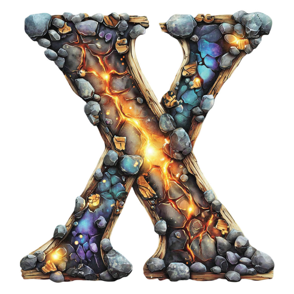 glowing letter x, fantasy alphabet, mystical, luminescent, gold accents, bronze metallic, warm orange, golden yellow, deep purple, teal blue, iridescent stones, magical, enchanted, glowing crystals, elemental energy, lightning bolts, wooden texture, rustic modern, fantasy font, decorative letter, magical glow, celestial inspired, dark mystical, gemstone details, ethereal, illuminated, fantasy art, nature inspired, contemporary fantasy, dramatic lighting