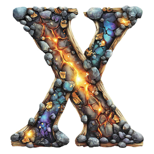 glowing letter x, fantasy alphabet, mystical, luminescent, gold accents, bronze metallic, warm orange, golden yellow, deep purple, teal blue, iridescent stones, magical, enchanted, glowing crystals, elemental energy, lightning bolts, wooden texture, rustic modern, fantasy font, decorative letter, magical glow, celestial inspired, dark mystical, gemstone details, ethereal, illuminated, fantasy art, nature inspired, contemporary fantasy, dramatic lighting