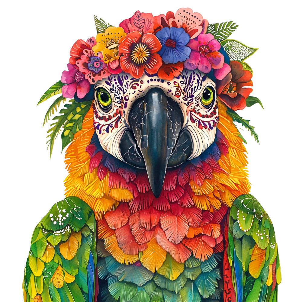 parrot, tropical bird, colorful bird, floral crown, flower crown, sugar skull, day of the dead, bohemian, whimsical, vibrant, bold colors, rainbow, multicolor, bright, artistic, decorative bird, nature theme, animal print, folk art, boho style, festive, cheerful, ornate, detailed, illustrated, exotic, yellow, orange, coral pink, red