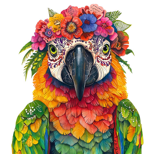 parrot, tropical bird, colorful bird, floral crown, flower crown, sugar skull, day of the dead, bohemian, whimsical, vibrant, bold colors, rainbow, multicolor, bright, artistic, decorative bird, nature theme, animal print, folk art, boho style, festive, cheerful, ornate, detailed, illustrated, exotic, yellow, orange, coral pink, red