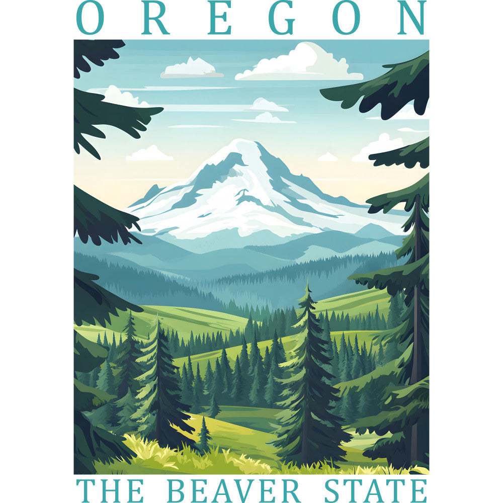oregon, beaver state, mountain landscape, mount hood, snow-capped peak, evergreen trees, pine forest, rolling hills, green meadows, blue sky, white clouds, nature scene, pacific northwest, fabric panel, quilting cotton, travel poster style, vintage illustration, teal blue, forest green, scenic vista, outdoor adventure