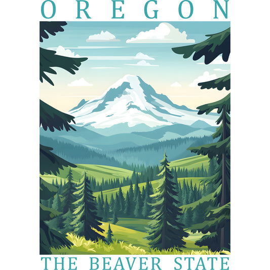 oregon, beaver state, mountain landscape, mount hood, snow-capped peak, evergreen trees, pine forest, rolling hills, green meadows, blue sky, white clouds, nature scene, pacific northwest, fabric panel, quilting cotton, travel poster style, vintage illustration, teal blue, forest green, scenic vista, outdoor adventure