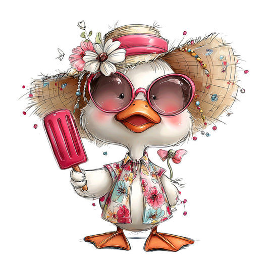 whimsical duck, coral pink, straw hat, sunglasses, floral print, popsicle, summer, spring, animal character, cute bird, playful, colorful, pastel, hot pink, orange, white, cream, flowers, daisy, cheerful, lighthearted, novelty, children's, cartoonish, vintage inspired, garden theme, ice cream, seasonal, beach style
