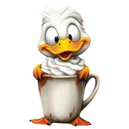 whimsical duck, fabric panel, white feathers, orange beak, coffee mug, hot chocolate, whipped cream, cartoon style, playful character, cream colored mug, orange webbed feet, cute animal, children's fabric, quilting cotton, nursery theme, beverage scene, cozy mood, baby duckling, soft pastels, adorable illustration