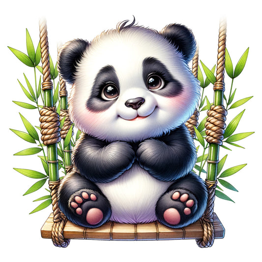 cute panda, baby panda, bamboo swing, rope swing, green bamboo, black and white, pink paw pads, kawaii style, adorable animal, fabric panel, quilting cotton, nursery decor, children's fabric, cartoon panda, sitting panda, nature scene, soft colors, whimsical design, animal panel, craft fabric