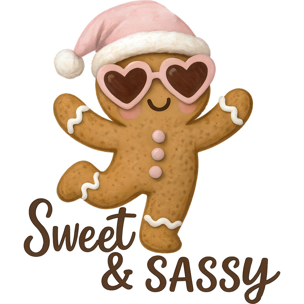 pink, brown, gingerbread cookie, santa hat, heart sunglasses, christmas, holiday, sweet, sassy, fabric panel, quilting cotton, festive, winter, cookie character, white frosting, cheerful, whimsical, seasonal panel, crafting fabric