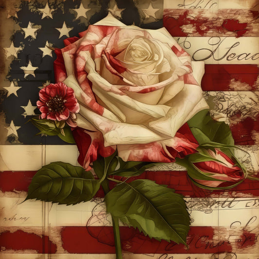 cream rose, red and white, american flag, vintage patriotic, distressed flag, stars and stripes, botanical, floral, roses, gerbera daisy, elegant, traditional, romantic, rustic americana, patriotic, fourth of july, memorial day, independence day, vintage botanical, cream and red, dark navy, green leaves, heritage, classic americana, wall hanging, decorative panel, timeless, nostalgic