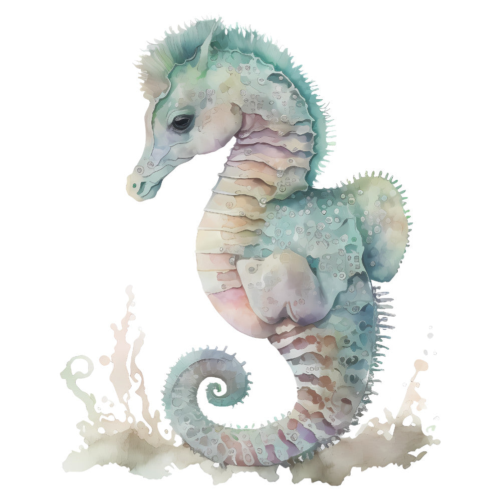 seahorse, ocean, marine life, sea creatures, watercolor, aquatic, sage green, dusty blue, soft pink, mauve, cream, beige, pastel, coastal, nautical, whimsical, artistic, botanical, seaweed, underwater, beach themed, soft watercolor style, gentle colors, ocean animals, sea life, nature inspired, dreamy, soft illustration, coastal decor, baby quilt